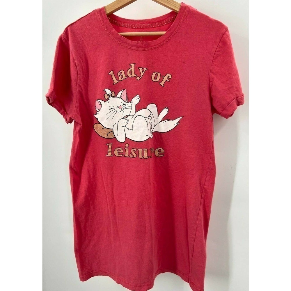 Disney Womens Size XS Lady Of Leisure Cat Print T-Shirt Short Sleeve in Pink